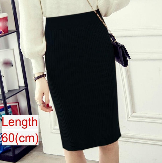 Women Office Skirt Spring Warm Knitted Pencil Skirts Ladies