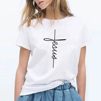 Christian Cross Print Tops Female T Shirt